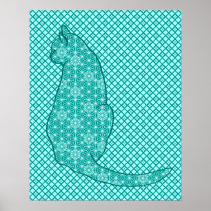 Poster Japanese Cat - Turquoise and Aqua