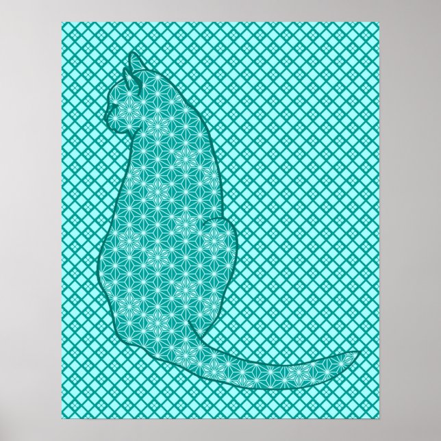 Poster Japanese Cat - Turquoise and Aqua (Frente)
