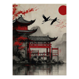 Pôster Japanese Crane Pagoda Red Sun Poster Zen Oriental
