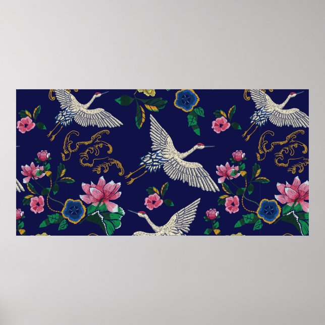 Poster Japanese cranes, waves and flowers. Embroidery ill (Frente)