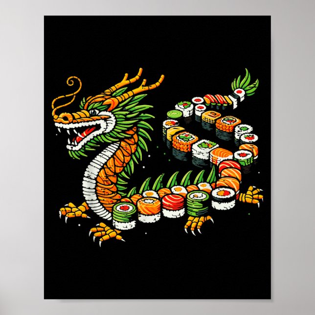 Poster Japanese Dragon Sushi Funny Japanese Food Art Men  (Frente)
