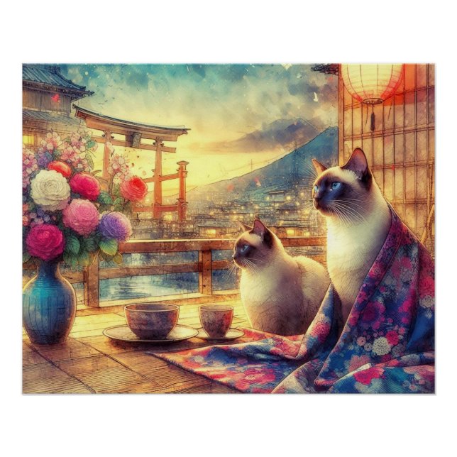 Pôster Japanese flower and siamese cat (Frente)