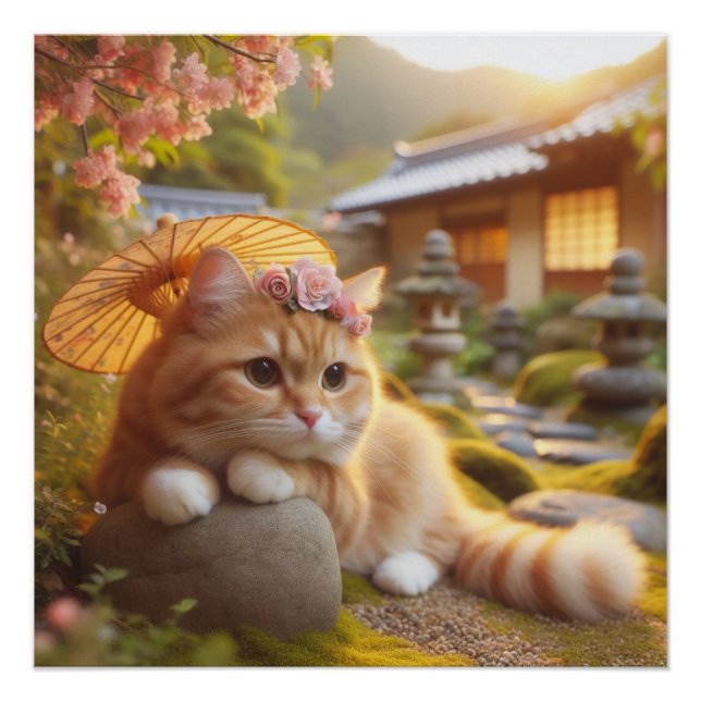 Pôster Japanese flowers and orange tabby cat (Frente)