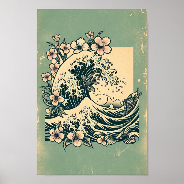 Poster Japanese Great Wave Koi Fish & Cherry Blossom Art (Frente)