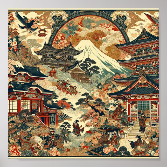 Poster Japanese Landscape Mt Fuji Temples Cherry Blossoms (Frente)