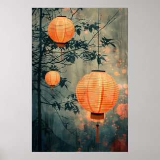 Poster Japanese Lanterns at Night – Warm Watercolor Art