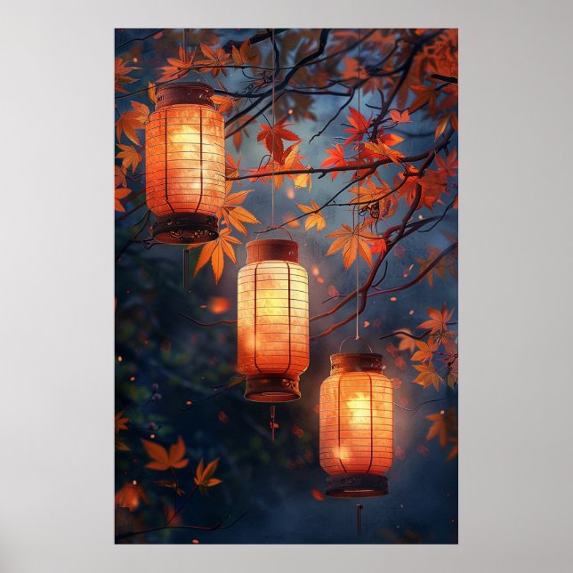 Poster Japanese Lanterns at Night – Warm Watercolor Art (Frente)