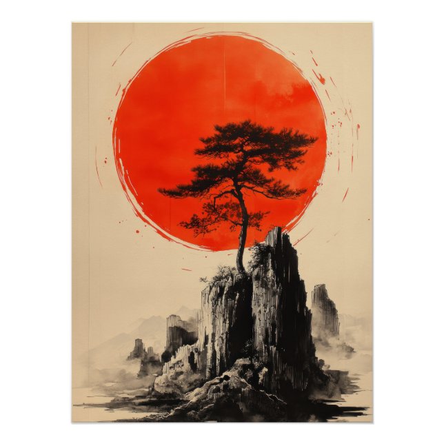 Pôster Japanese Pine Tree & Red Sun | Minimalist Zen Art (Frente)