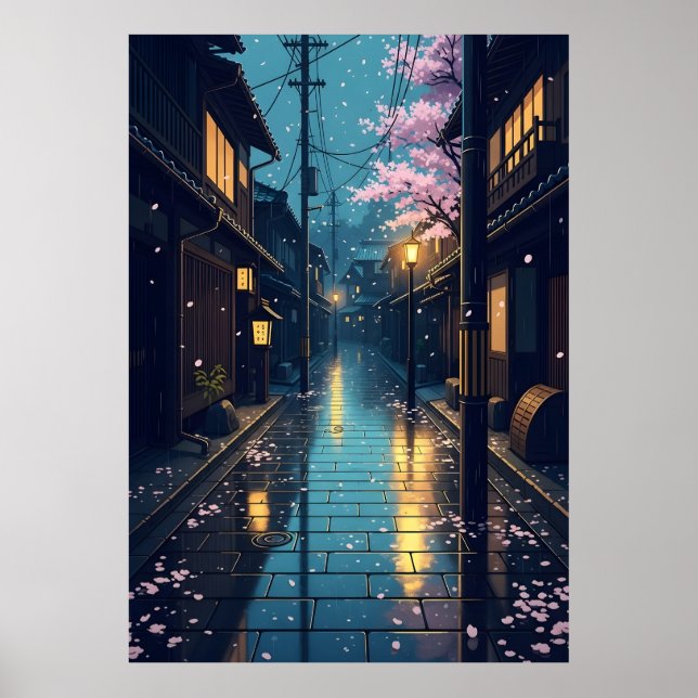 Poster Japanese Rainy Cozy Cherry Blossom Street Anime (Frente)