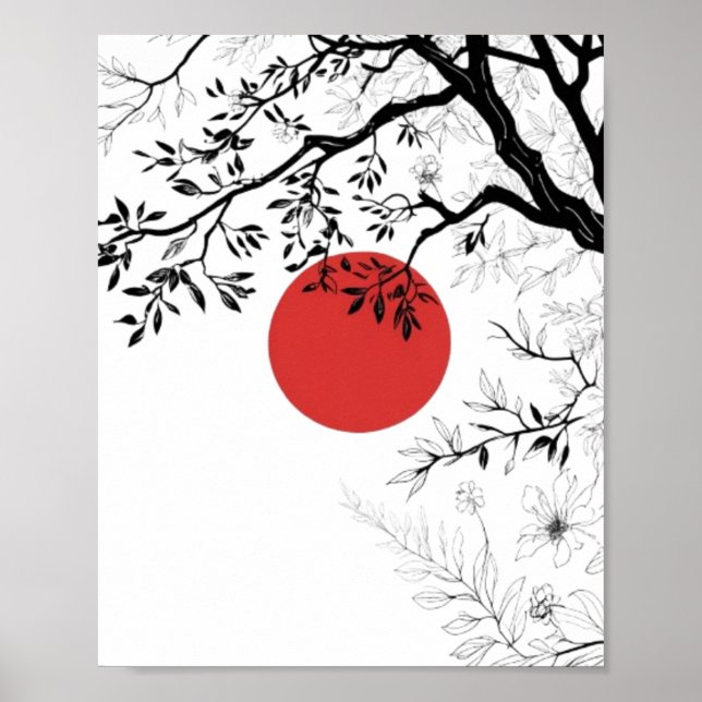 Poster Japanese Red Sun & Brush Tree Art (Frente)