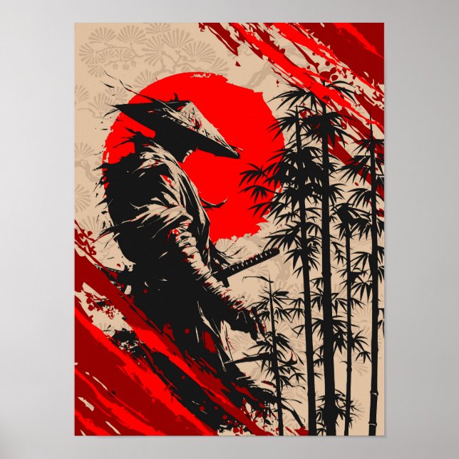 Poster Japanese Samurai Warrior Ink Wash (Frente)