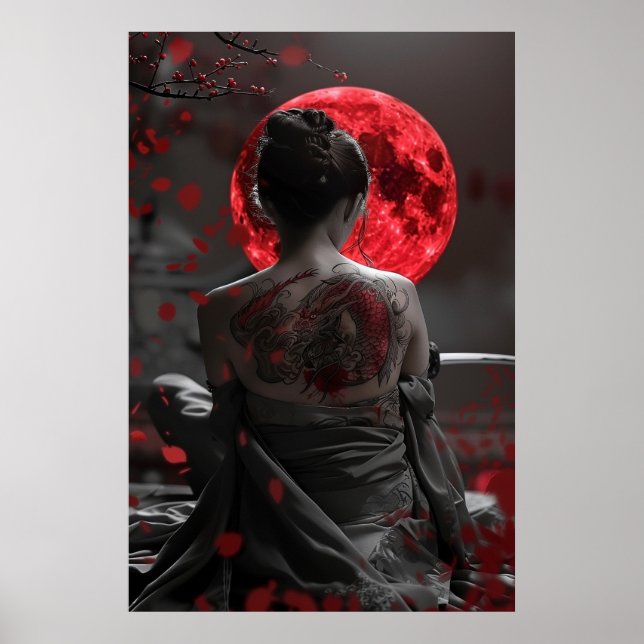Poster Japanese samurai woman with tattoo under full moon (Frente)