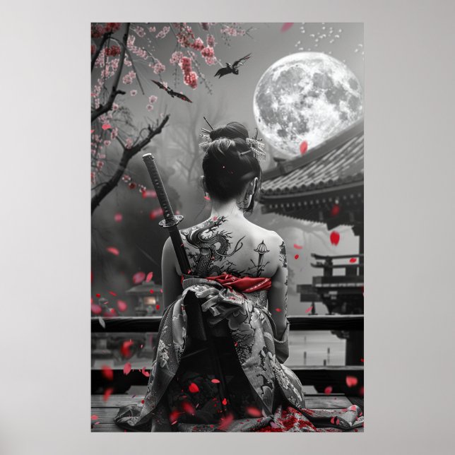 Poster Japanese samurai woman with tattoo under full moon (Frente)