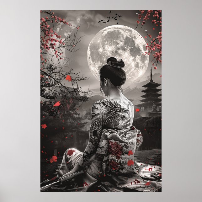 Poster Japanese samurai woman with tattoo under full moon (Frente)