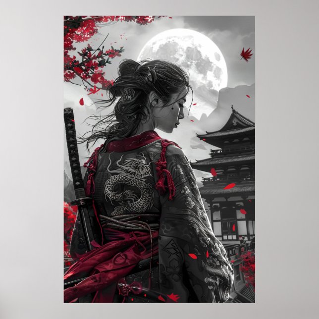 Poster Japanese samurai woman with tattoo under full moon (Frente)