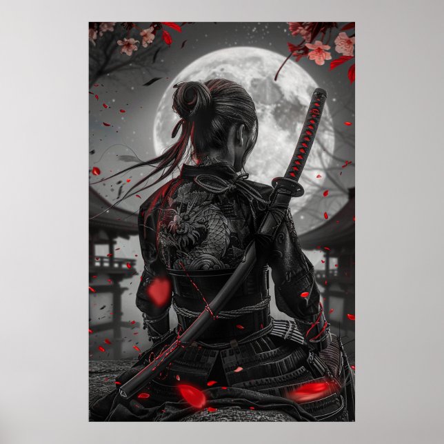 Poster Japanese samurai woman with tattoo under full moon (Frente)