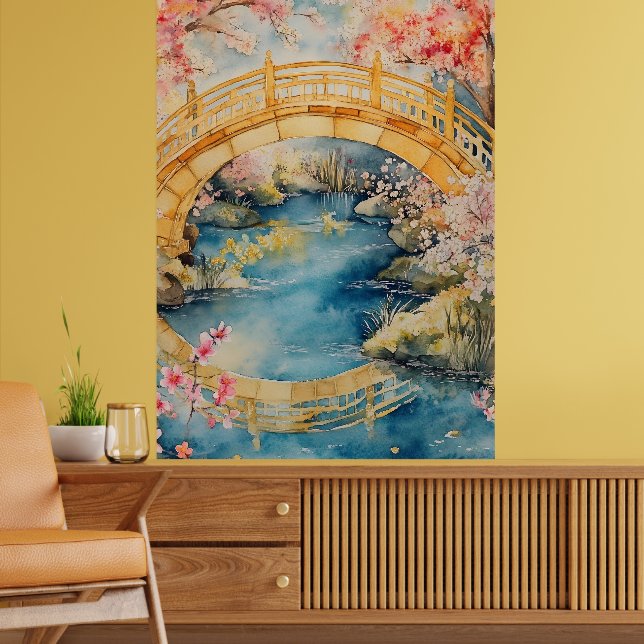 Poster Japanese-style arched bridge spans a tranquil rive (Sala de Estar 2)