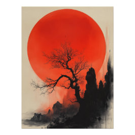 Pôster Japanese Sunrise | Zen Landscape with Red Sun