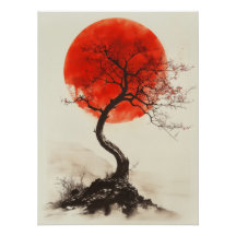 Japanese Sunset Tree - Red Sun Silhouette Art