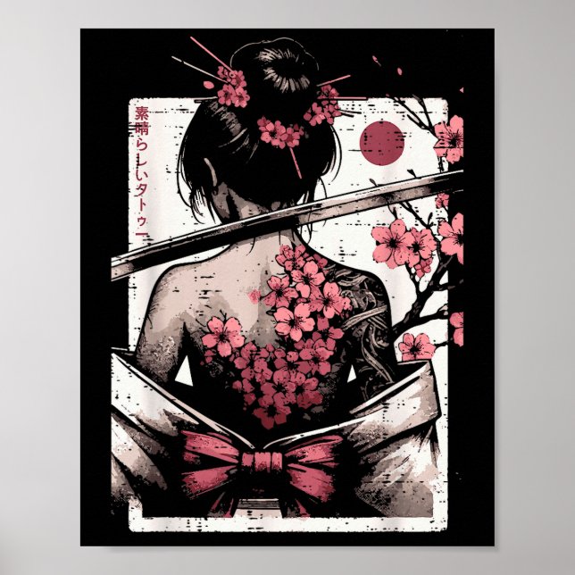 Poster Japanese Woman Cherry Blossom Tattoo Art Geisha Wo (Frente)