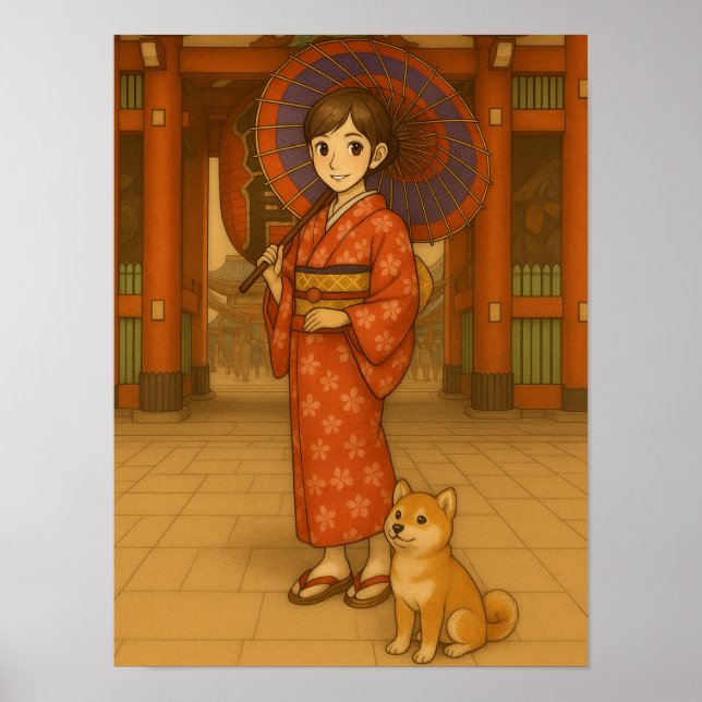Poster Japão Stroll - Kimono Girl e Shiba dog Art (Frente)