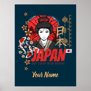 Poster Japão Vintage Geisha com Flag Koi e Lotus Souve