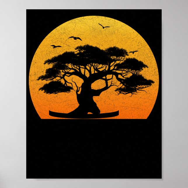 Poster Japonês Árvores Zen Laranja Budista Bonsai Sunset (Frente)