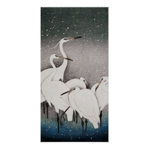 Pôster Japonês Egrets Koson Cranes Winter Snow