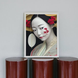 Poster Japonês Floral Geisha Red Dourado Fantasy Art Post