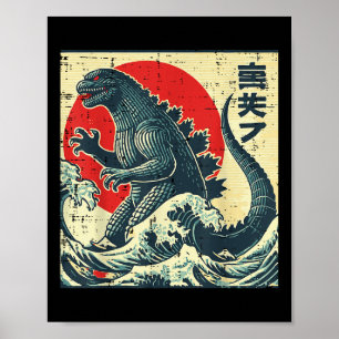 Poster Japonês Kaiju Monster Waves Retro Ukiyo Art Women