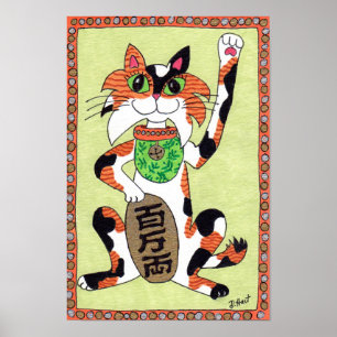 Pôster Japonês Lucky Calico Cat Maneki Neko Folk Art