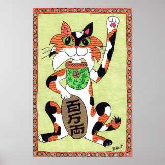 Pôster Japonês Lucky Calico Cat Maneki Neko Folk Art