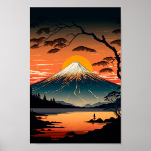 Poster Japonês Montanha e Sun Ukiyo e ilustração