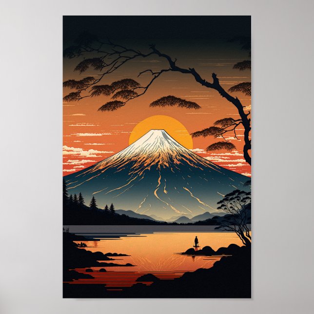 Poster Japonês Montanha e Sun Ukiyo e ilustração (Frente)