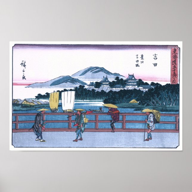 Pôster Japonês Ukiyo-e da ponte de Yoshida por Hiroshige (Frente)