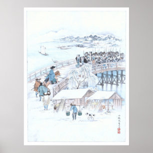 Poster Japonês Ukiyo-e de 47 Ronin na ponte de Ryogoku
