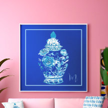 Jar de Ginger Elegante Monograma Branco Azul