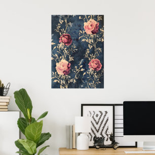 Poster Jardim ao Luar – Rosas Antigas em Azul Meia-Noite