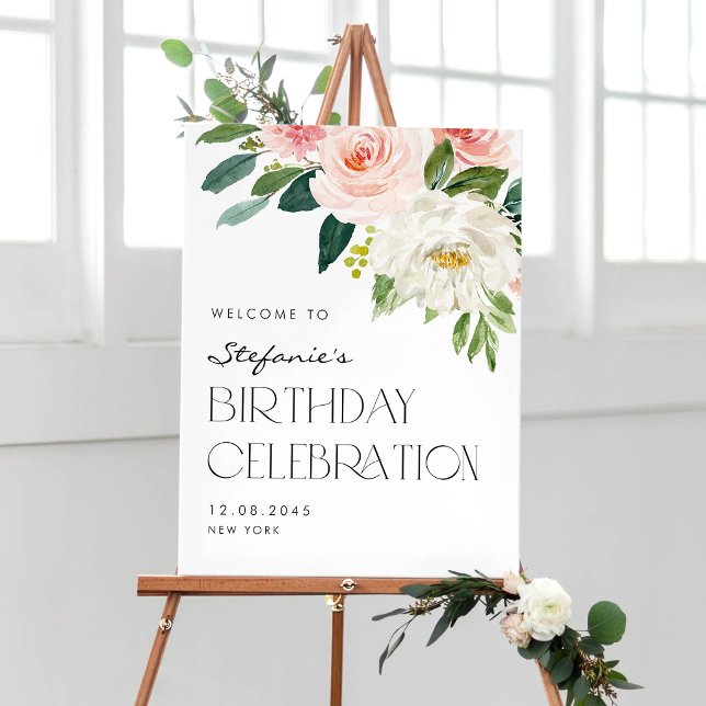 Poster Jardim Botânico de Flores Rosadas e Brancas Aniver (Welcome guests with this watercolor blush and white floral birthday party welcome sign.)