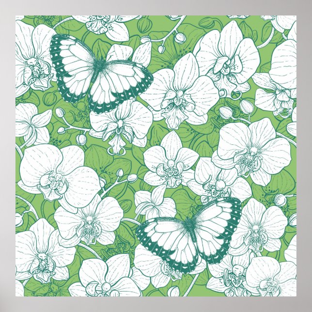 Poster Jardim Botânico de Orquídeas com Borboletas em ver (Frente)