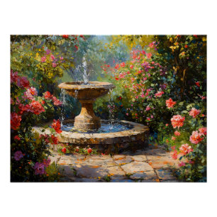 Pôster Jardim com Rosas e fonte de água florescentes