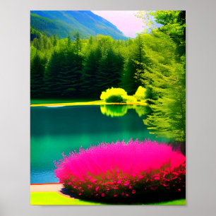 Poster Jardim de água do lago azul verde flor rosa arte d