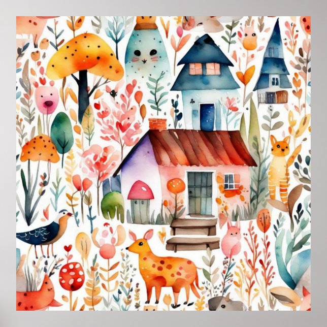Poster Jardim de algodão, animais de campo floral (Frente)