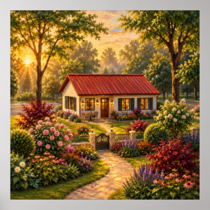 Poster Jardim de Casa de Campo Aconchegante ao Pôr do Sol