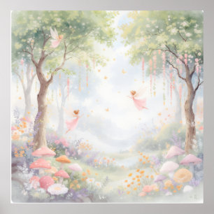 Poster Jardim de Fadas Rosa Pastel Cottagecore Mural Pers
