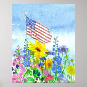 Poster Jardim de Flores da Bandeira Americana Aquarela Cé
