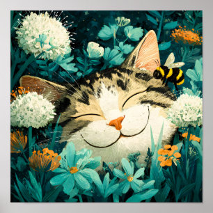 Poster Jardim de Flores de Gato Adormecido com Aquarela A