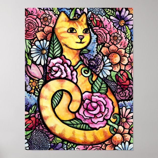 Poster Jardim de Flores de Gato Laranja (Frente)