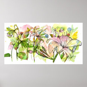 Poster Jardim de Flores de Hemerocallis Bege Arte em Aqua