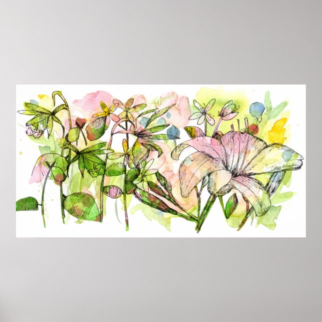 Poster Jardim de Flores de Hemerocallis Bege Arte em Aqua (Frente)